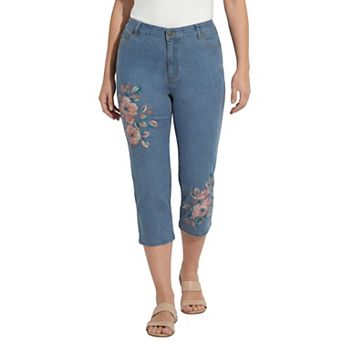 Roaman's Women's Plus Size Classic Stretch High-Rise Embroidered Capri Jean