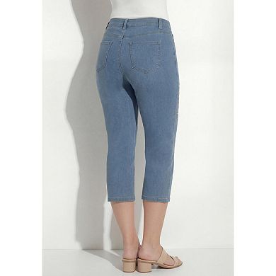 Roaman's Women's Plus Size Classic Stretch High-Rise Embroidered Capri Jean