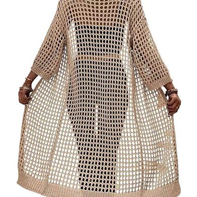 Women's 3/4 Sleeve Long Cardigan Hollow Out Sweater Knit Open Front Kimono Cover Up