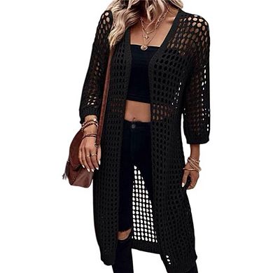 Women's 3/4 Sleeve Long Cardigan Hollow Out Sweater Knit Open Front Kimono Cover Up