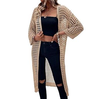 Women's 3/4 Sleeve Long Cardigan Hollow Out Sweater Knit Open Front Kimono Cover Up