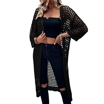 Women's 3/4 Sleeve Long Cardigan Hollow Out Sweater Knit Open Front Kimono Cover Up