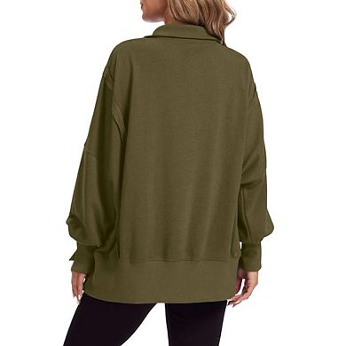 Women's Sweatshirts Oversized Casual Loose Button Up Henley Pullover Top Side Split Fashion Outfits