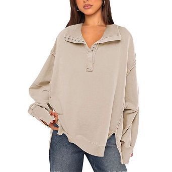 Women's Sweatshirts Oversized Casual Loose Button Up Henley Pullover Top Side Split Fashion Outfits