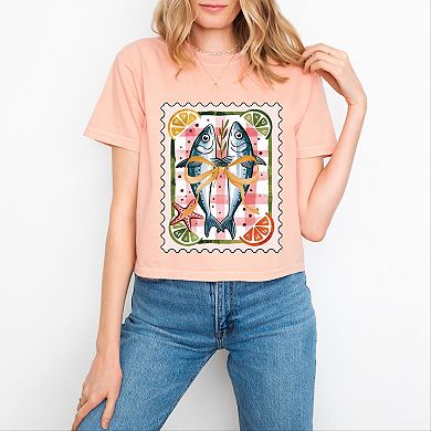 Sardines Stamp - Women's Boxy Crop Top Graphic T-Shirt