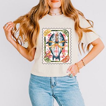 Sardines Stamp - Women's Boxy Crop Top Graphic T-Shirt