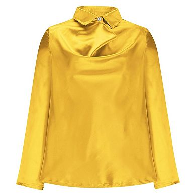 Women's Elegant Cowl Neck Satin Blouse Long Sleeve Office Work Shirt Silk Top