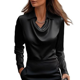 Women's Elegant Cowl Neck Satin Blouse Long Sleeve Office Work Shirt Silk Top