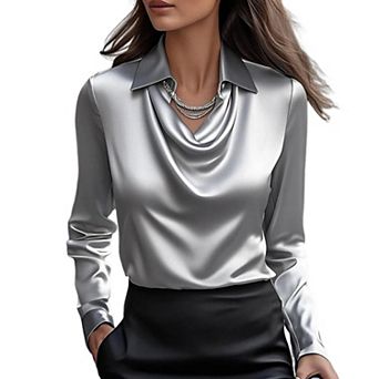 Women's Elegant Cowl Neck Satin Blouse Long Sleeve Office Work Shirt Silk Top