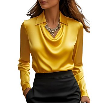 Women's Elegant Cowl Neck Satin Blouse Long Sleeve Office Work Shirt Silk Top