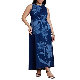 ELOQUII Women's Plus Size Printed Denim Dress
