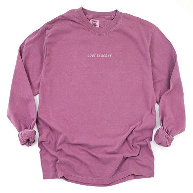 Embroidered Cool Teacher - Women's Garment Dyed Long Sleeve Graphic T-Shirt