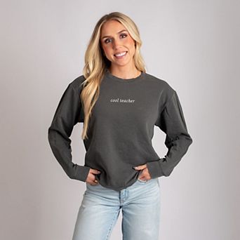 Embroidered Cool Teacher - Women's Garment Dyed Long Sleeve Graphic T-Shirt