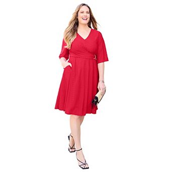 Catherines Women's Plus Size Eyelet Fit & Flare Faux Wrap Dress