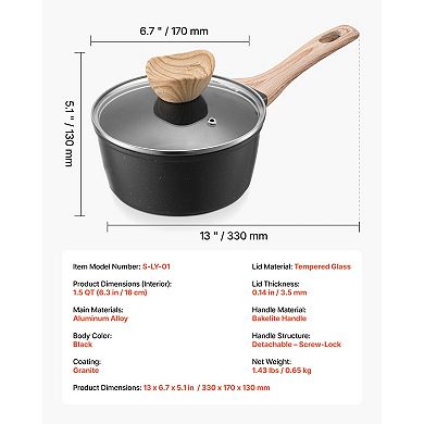 VEVOR 1.5 QT Saucepan, Nonstick Saucepan with Tempered Glass Lid, ,Induction Compatible