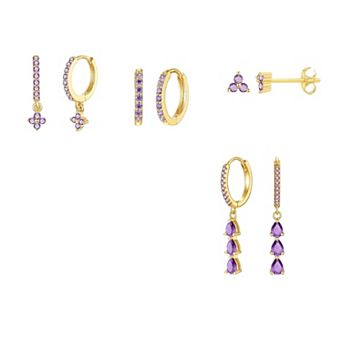 ZUQIETA 4-Pair Dangle Earring Set - 14K Gold Plated CZ Drops for Multiple Piercings