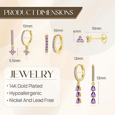 ZUQIETA 4-Pair Dangle Earring Set - 14K Gold Plated CZ Drops for Multiple Piercings