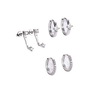 ZUQIETA 3-Pair 925 Silver Plated Huggie Hoop Set - Hypoallergenic CZ Earrings