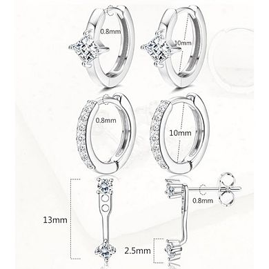 ZUQIETA 3-Pair 925 Silver Plated Huggie Hoop Set - Hypoallergenic CZ Earrings