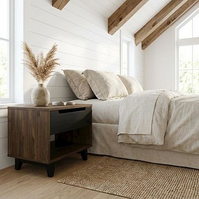 Starlight Canyon Home Nightstand with Folding Door and Rustic Style, Matte Black Lacquer Finish