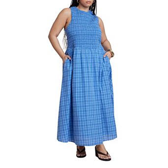 ELOQUII Women's Plus Size Smocked Bodice Plaid Dress