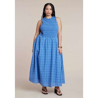 ELOQUII Women's Plus Size Smocked Bodice Plaid Dress