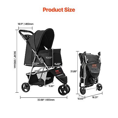 VEVOR Pet Stroller, 35 lbs Weight Capacity, Foldable Dog Stroller Cart, 3 Wheels Cats Strollers