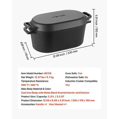 VEVOR Enameled Cast Iron Dutch Oven, 3.5 Quart Pot with Lid and Dual Handles