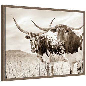 Sepia Texas Longhorn Cattle in Pasture by The Creative Bunch Studio Framed Canvas Wall Art Print