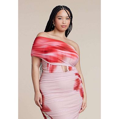 ELOQUII Women's Plus Size Asym Mesh Shirred Dress