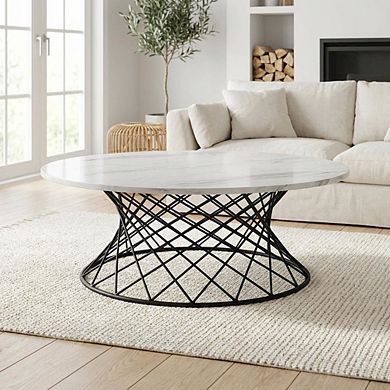 White Marble Coffee Table with Black Metal Base and Durable Frame
