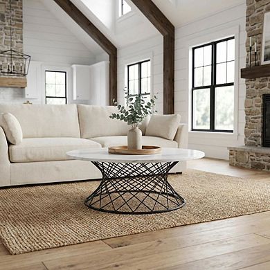 White Marble Coffee Table with Black Metal Base and Durable Frame