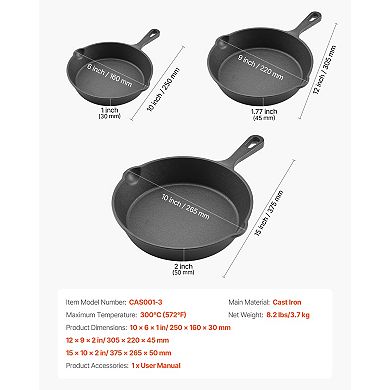 VEVOR Cast Iron Skillet, 3-Piece Frying Pan Set (6, 8, 10 in) for Oven, Gas, Electrical, Induction