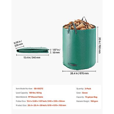 VEVOR 3-Pack 72 Gallon Reusable Yard Waste Bag, Large Lawn Garden Bags