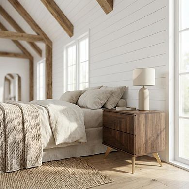 Wood Nightstand with 2 Drawers and Mid-Century Style
