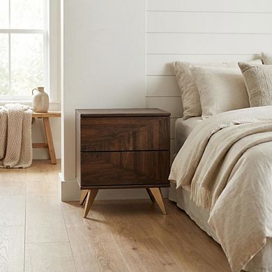 Wood Nightstand with 2 Drawers and Mid-Century Style