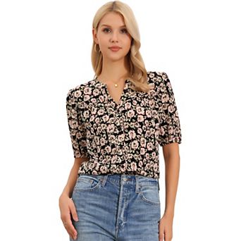 Boho Floral Blouse for Women's Button Up V Neck Dressy Casual Short Sleeve Tops