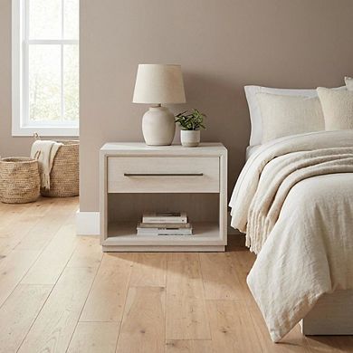 White Oak Finish Modern Nightstand with Drawer Storage