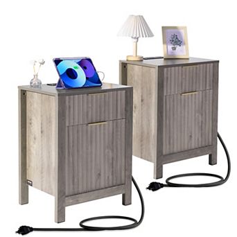 VEVOR Farmhouse End Table Set of 2, Nightstand with Charging Station,Gray