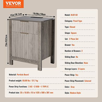 VEVOR Farmhouse End Table Set of 2, Nightstand with Charging Station,Gray