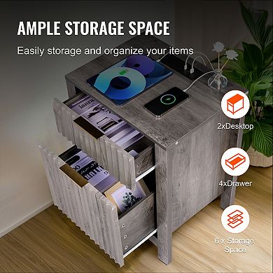 VEVOR Farmhouse End Table Set of 2, Nightstand with Charging Station,Gray