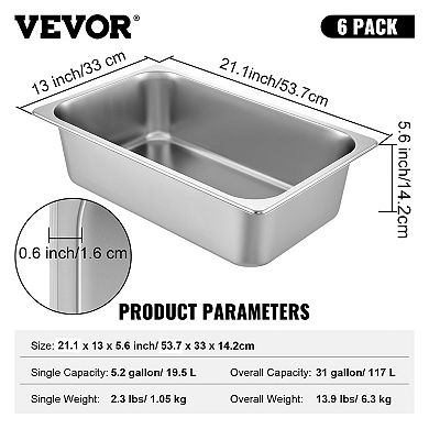 VEVOR 6 Pack Steam Table Pans 20.9 x 12.8 x 5.9 Inch Deep Steam Table Pan Full Size 20.5L