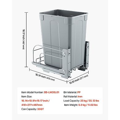 VEVOR Pullout Trash Can for Kitchen Cabinets, 35 QT Garbage Waste Recycling Bin