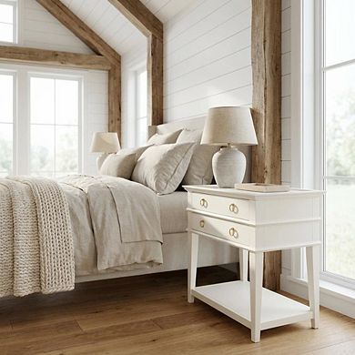 White Wooden Nightstand with 2 Drawers and Tray Top for Bedroom Decor