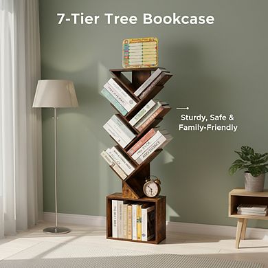ZUQIETA 7-Tier Tree Bookcase with Reading Panel, Modern Corner Storage Cabinet for Bedroom Home