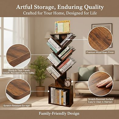 ZUQIETA 7-Tier Tree Bookcase with Reading Panel, Modern Corner Storage Cabinet for Bedroom Home
