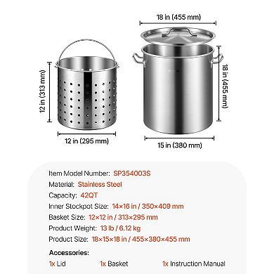 VEVOR Stainless Steel Stockpot, 42 Quart Large Cooking Pots, with Basket, Lid, and Handle