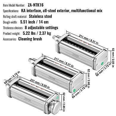 VEVOR Pasta Attachment, Stainless Steel Pasta Roller Cutter Set Including Pasta Sheet Roller,3Pcs