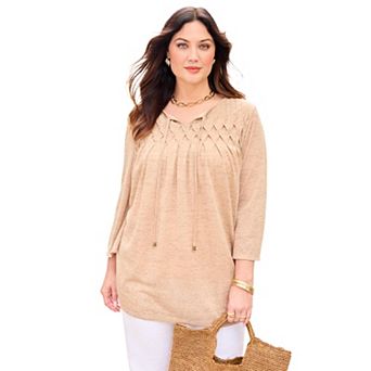 Catherines Women's Plus Size Knit Linen Peasant Top