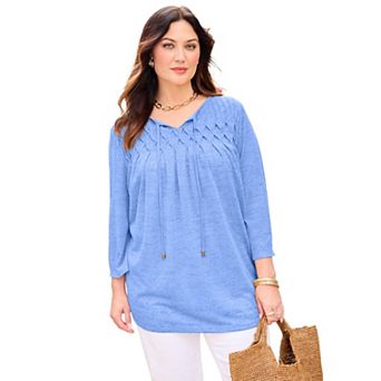 Catherines Women's Plus Size Knit Linen Peasant Top